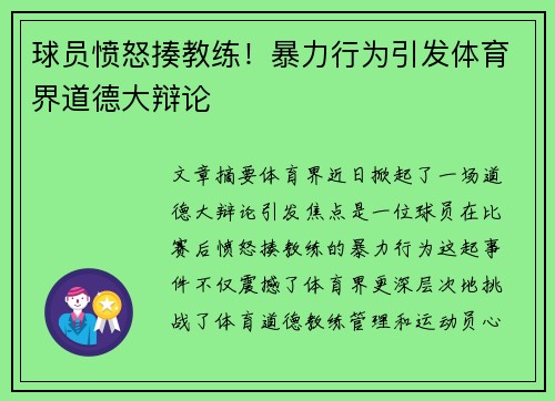 球员愤怒揍教练！暴力行为引发体育界道德大辩论